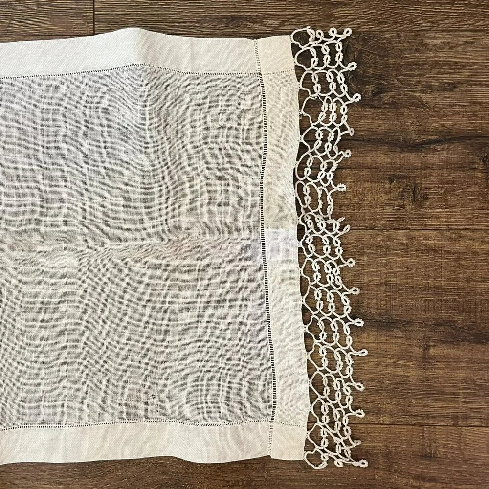 Vintage Linen Table Runner Beige Crochet Edge 53